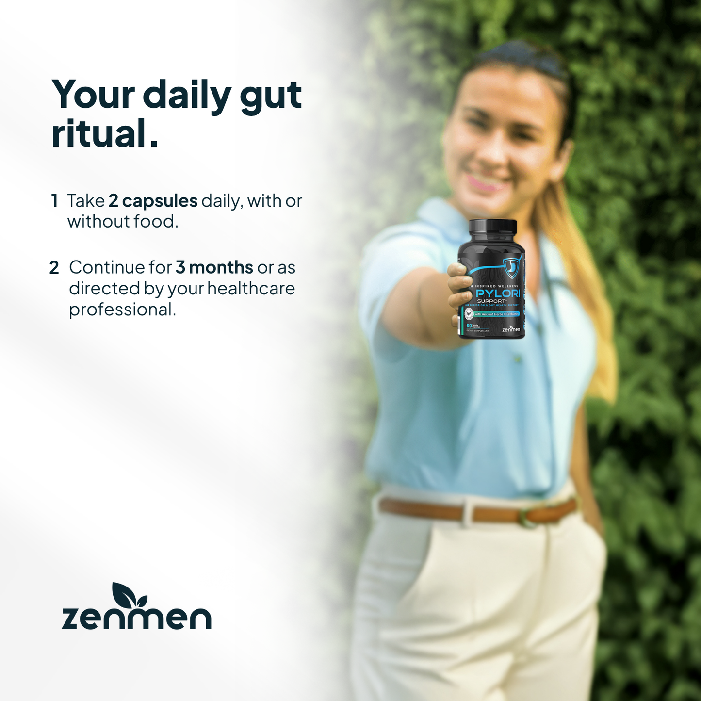 Person holding a Zenmen H. pylori supplement bottle with text about daily gut ritual and Zenmen branding.