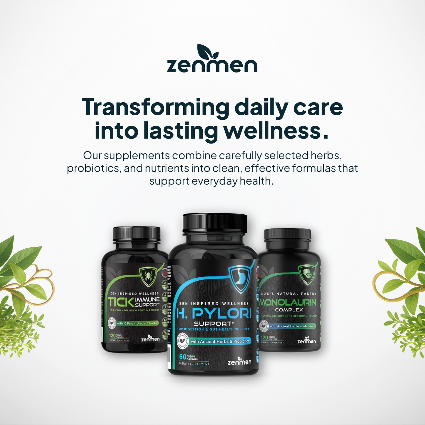 zenmen supplement bottles with text about transforming daily care into lasting wellness on a white background