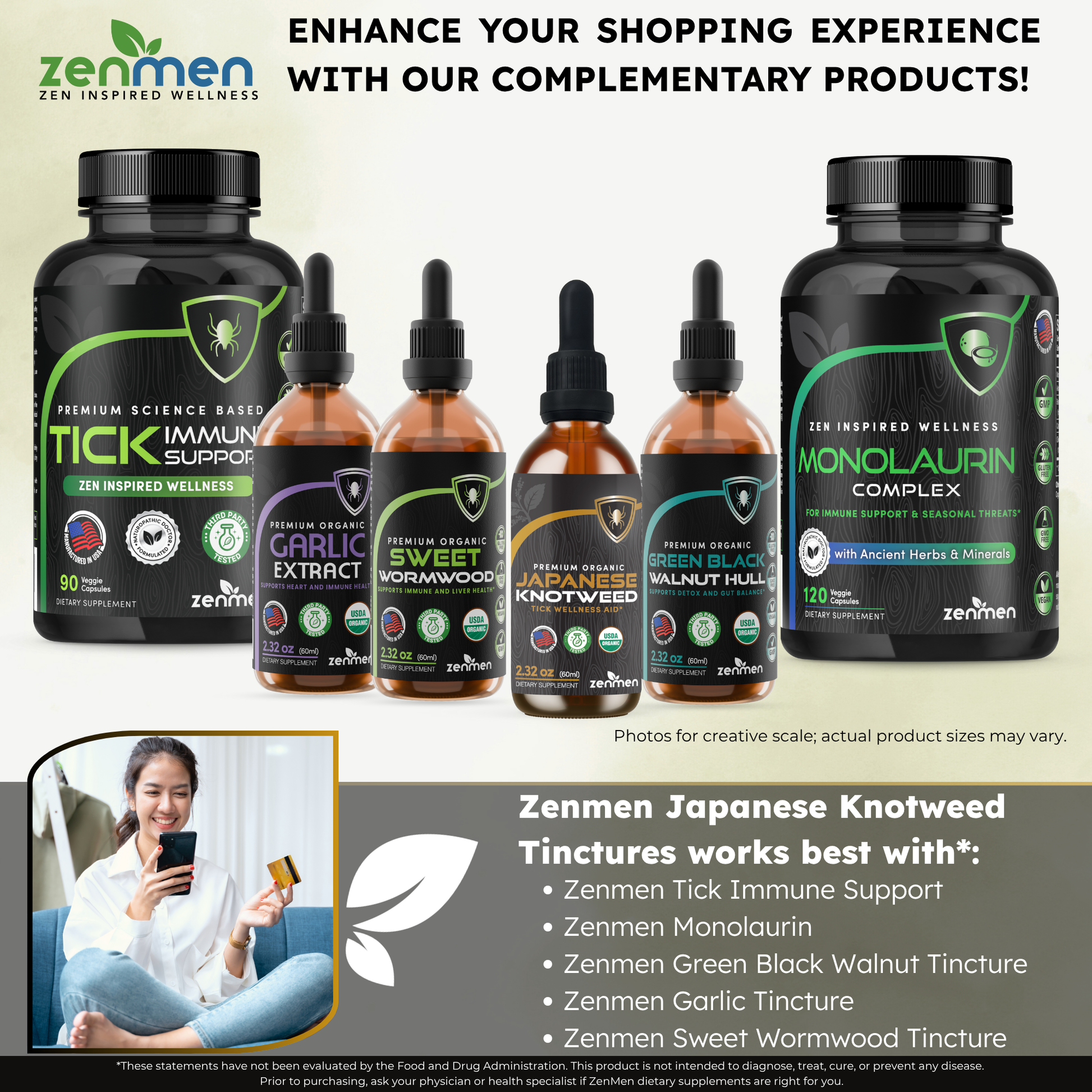 Promotional image of Zenmen health supplement products with a woman using a phone.