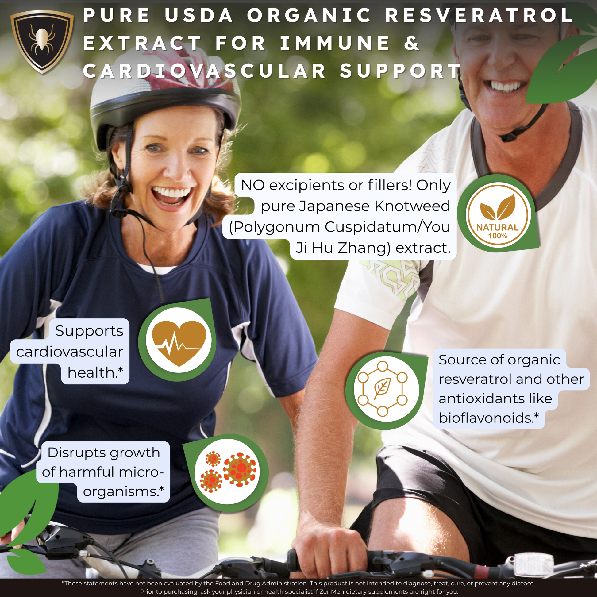Two people riding bikes outdoors with text about pure USDA organic resveratrol extract for immune and cardiovascular support.