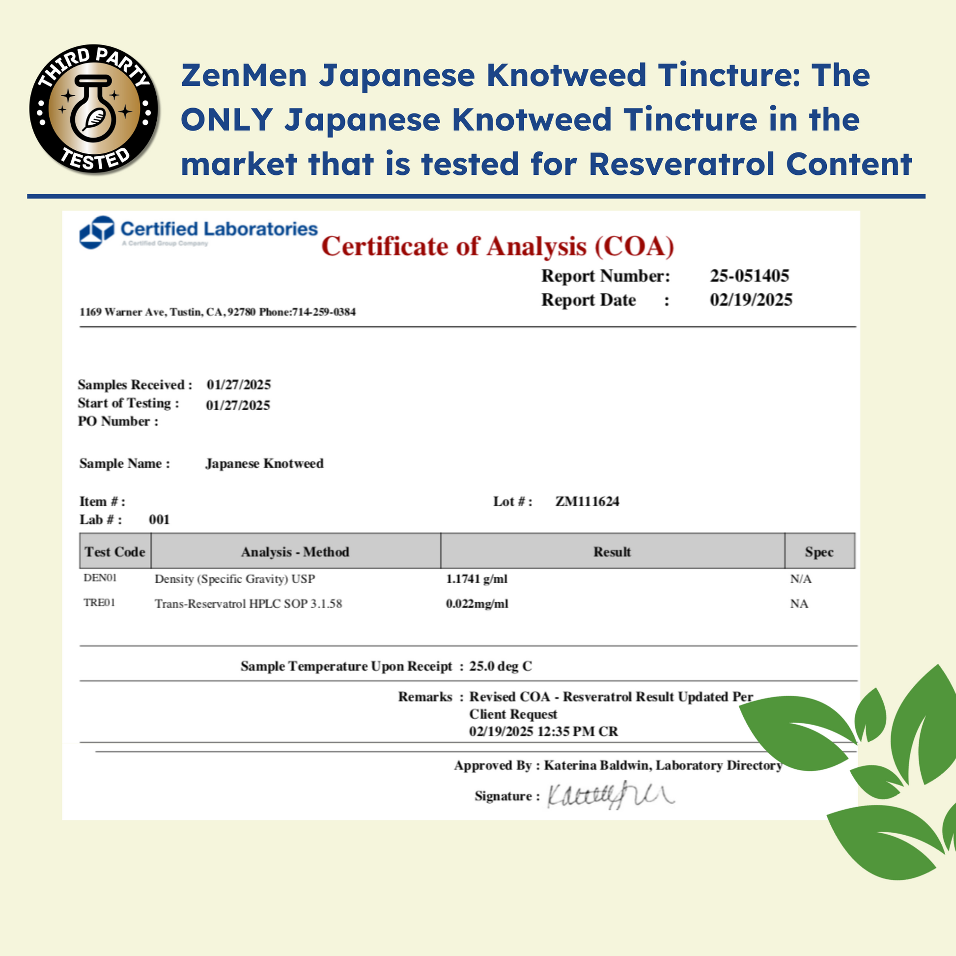 Certificate of Analysis for ZenMen Japanese Knotweed Tincture on a beige background with green leaf graphics.