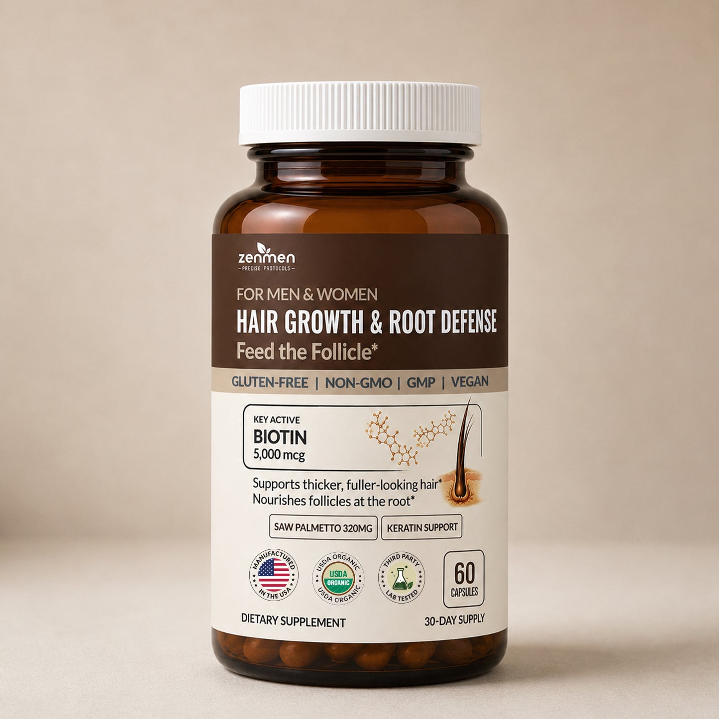 Zenmen Hair Growth and Root Defense supplement bottle featuring 5,000 mcg Biotin and Saw Palmetto for men and women.