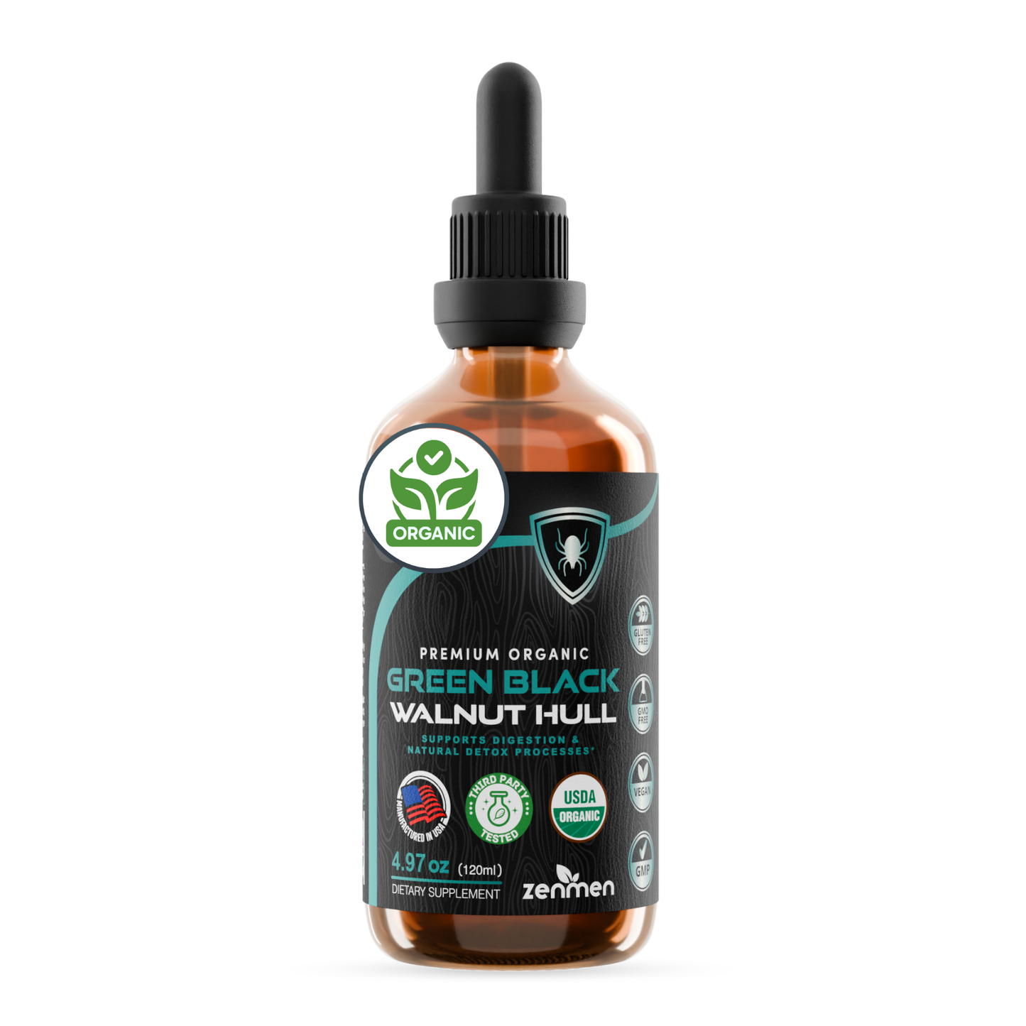 Bottle of Green Black Walnut Hull supplement with dropper on a white background