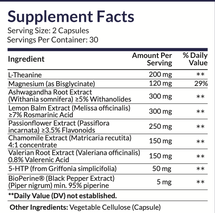 Supplement Facts panel for Sleep Clean
