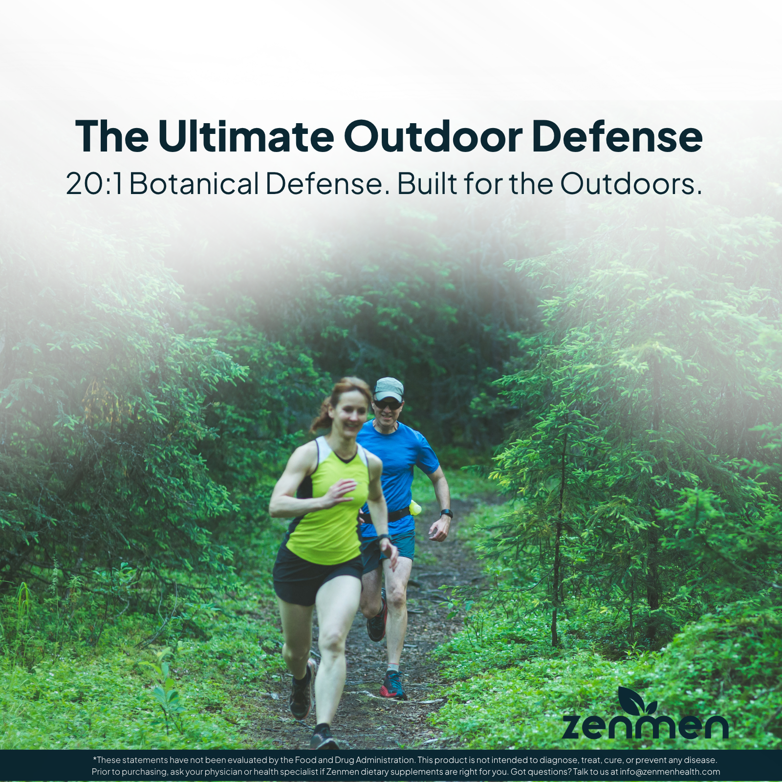 Runners in a misty forest illustrating outdoor protection and systemic immune defense with 20:1 botanical extracts for active individuals during hiking, running, and outdoor exercise.