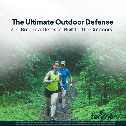 Runners in a misty forest illustrating outdoor protection and systemic immune defense with 20:1 botanical extracts for active individuals during hiking, running, and outdoor exercise.
