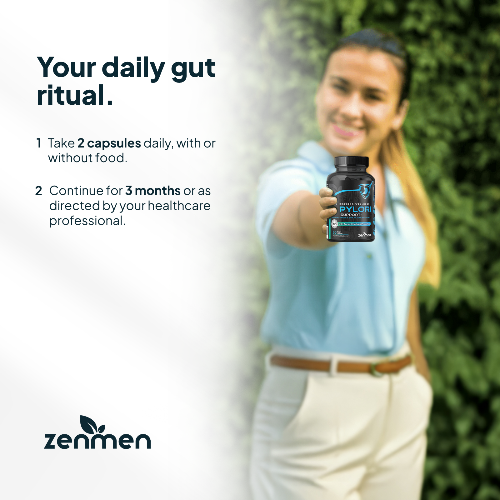 Person holding a Zenmen H. pylori supplement bottle with text about daily gut ritual and Zenmen branding.