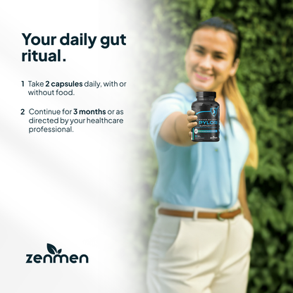 Person holding a Zenmen H. pylori supplement bottle with text about daily gut ritual and Zenmen branding.