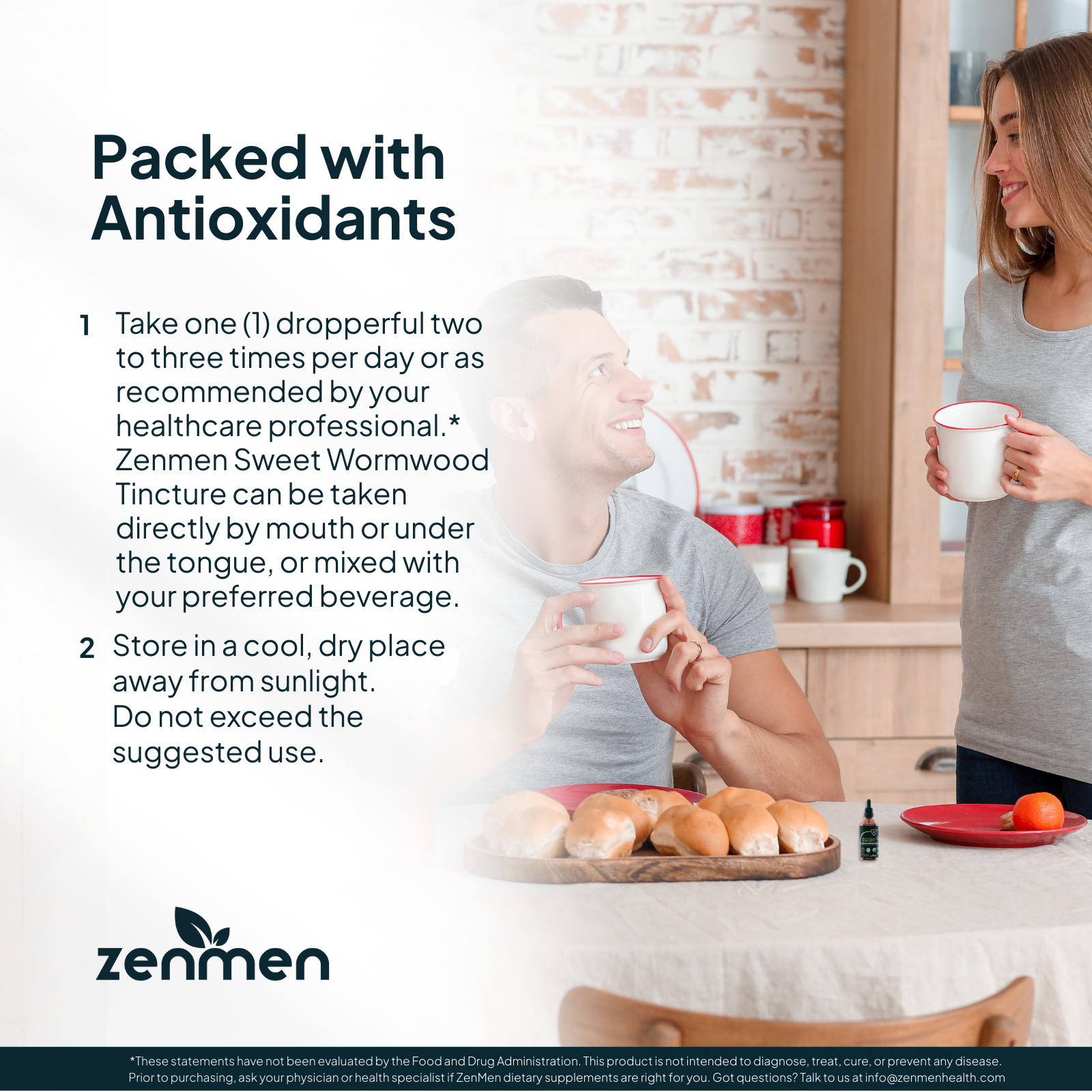 Two people in a kitchen with text about Zenmen Sweet Wormwood Tincture, including usage instructions and storage information.