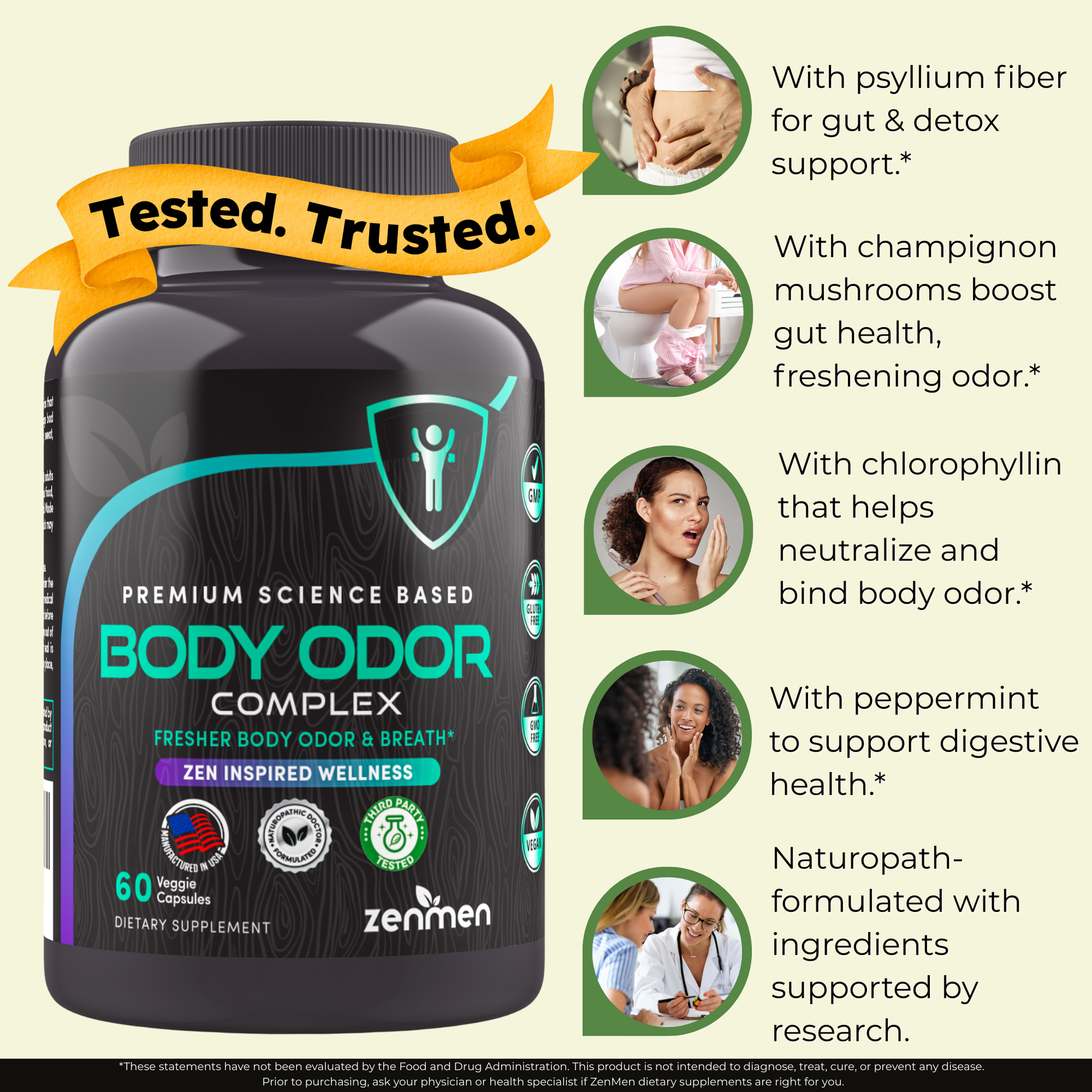 Supplement bottle labeled 'Body Odor Complex' with features listed on a light yellow background