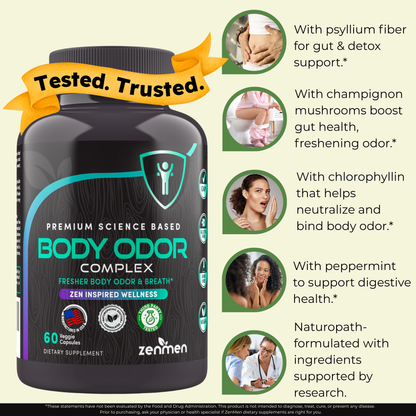 Supplement bottle labeled 'Body Odor Complex' with features listed on a light yellow background