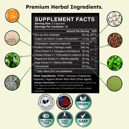 Supplement facts label with herbal ingredients and certification logos on a beige background