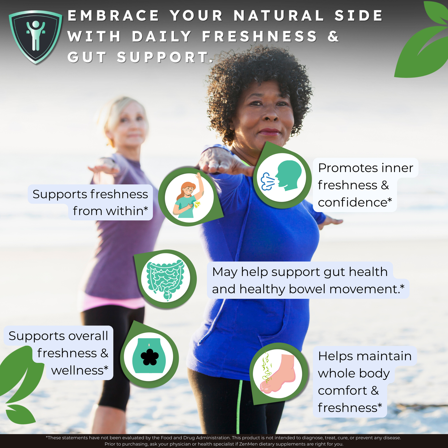 Two women standing outdoors with text about daily freshness and gut support, featuring icons and text on a light gray background.