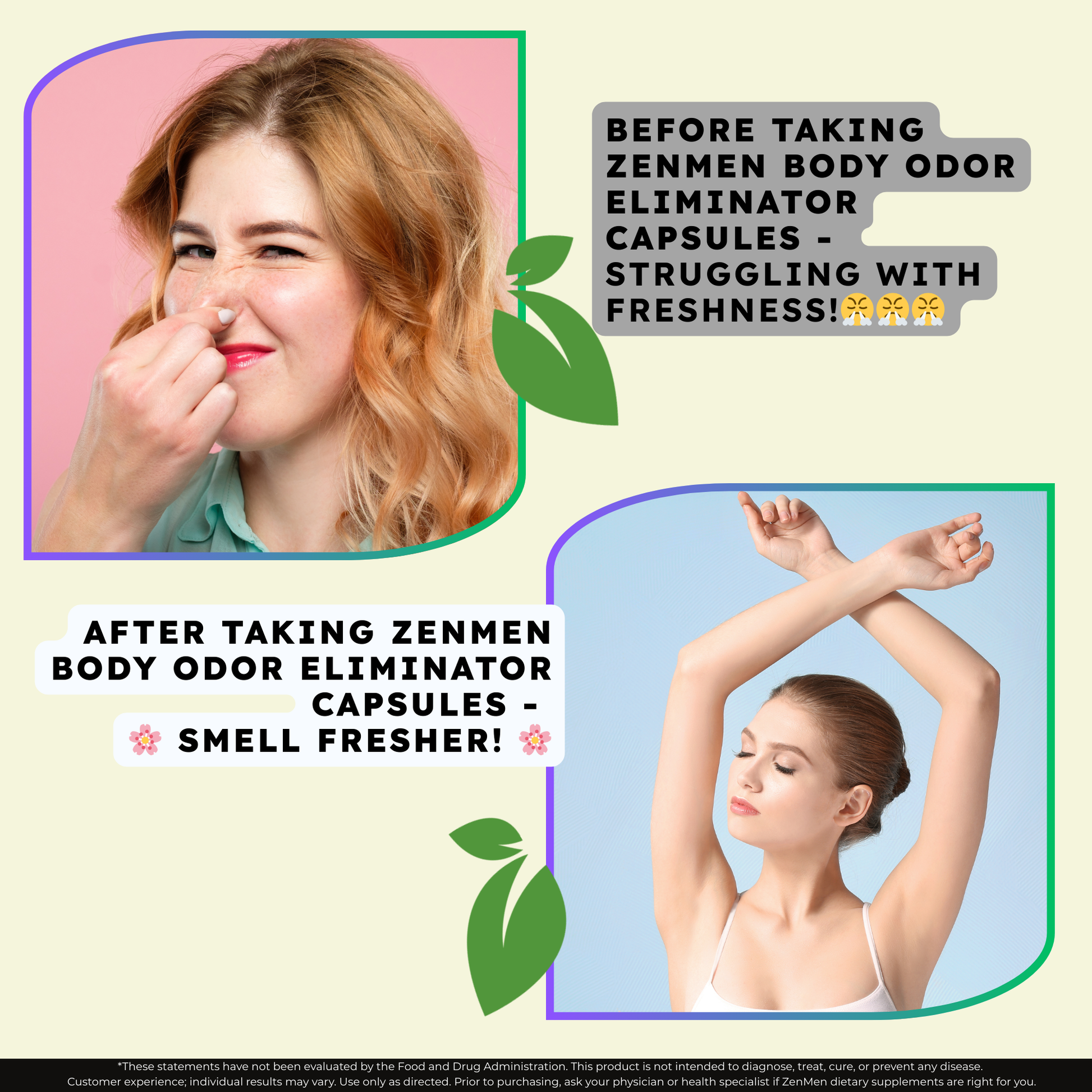 Before and after using Zenmen Body Odor Eliminator Capsules with a woman's reaction to body odor.