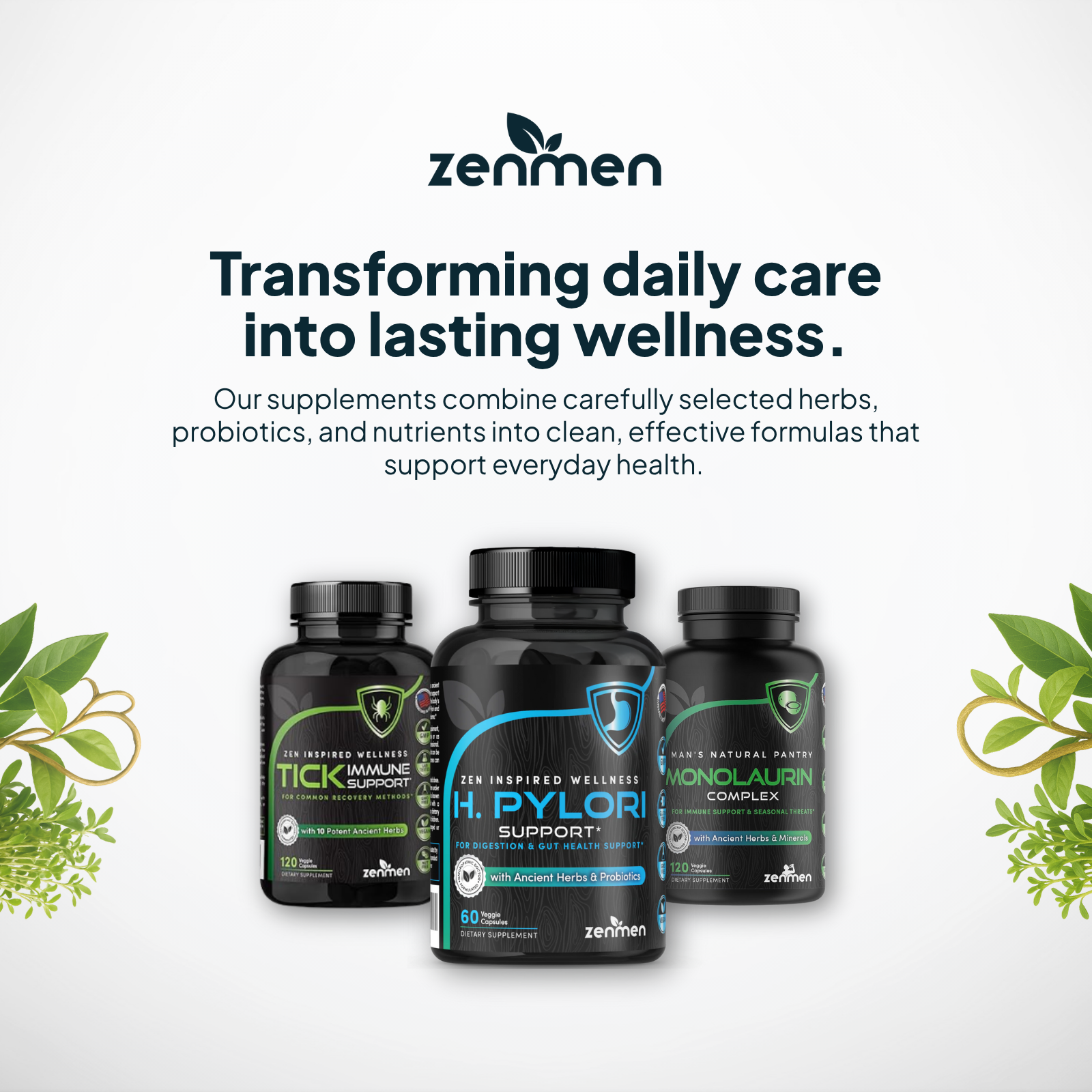 zenmen supplement bottles with text about transforming daily care into lasting wellness on a white background