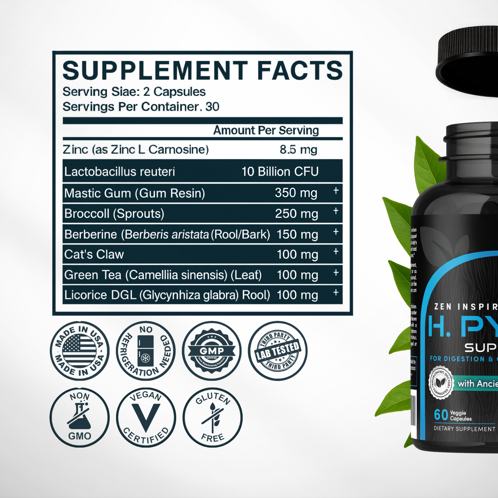 Zenmen H. pylori Supplement bottle with label and supplement facts on a white background