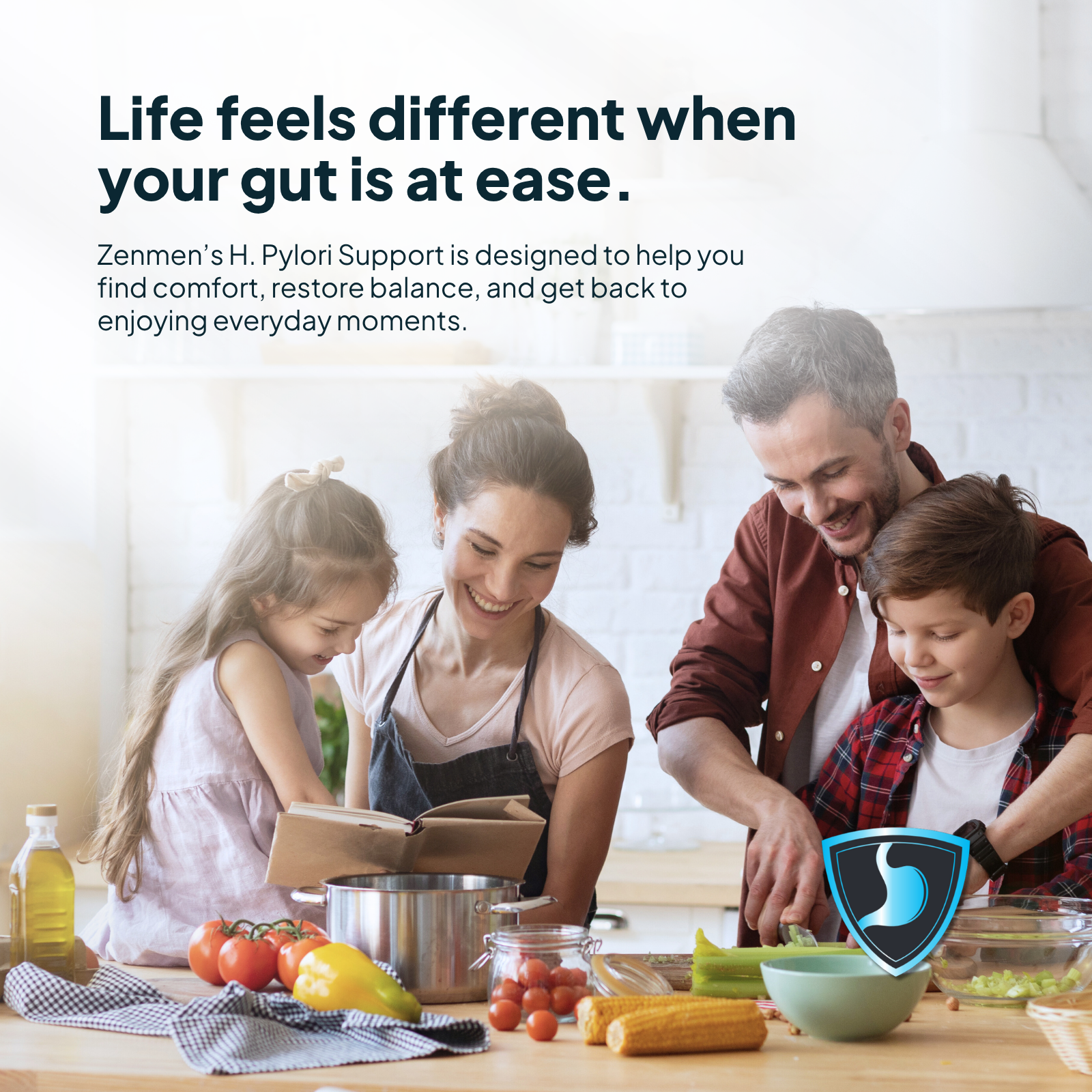 Family cooking together in a kitchen with text about Zenmen's H. Pylori Support.