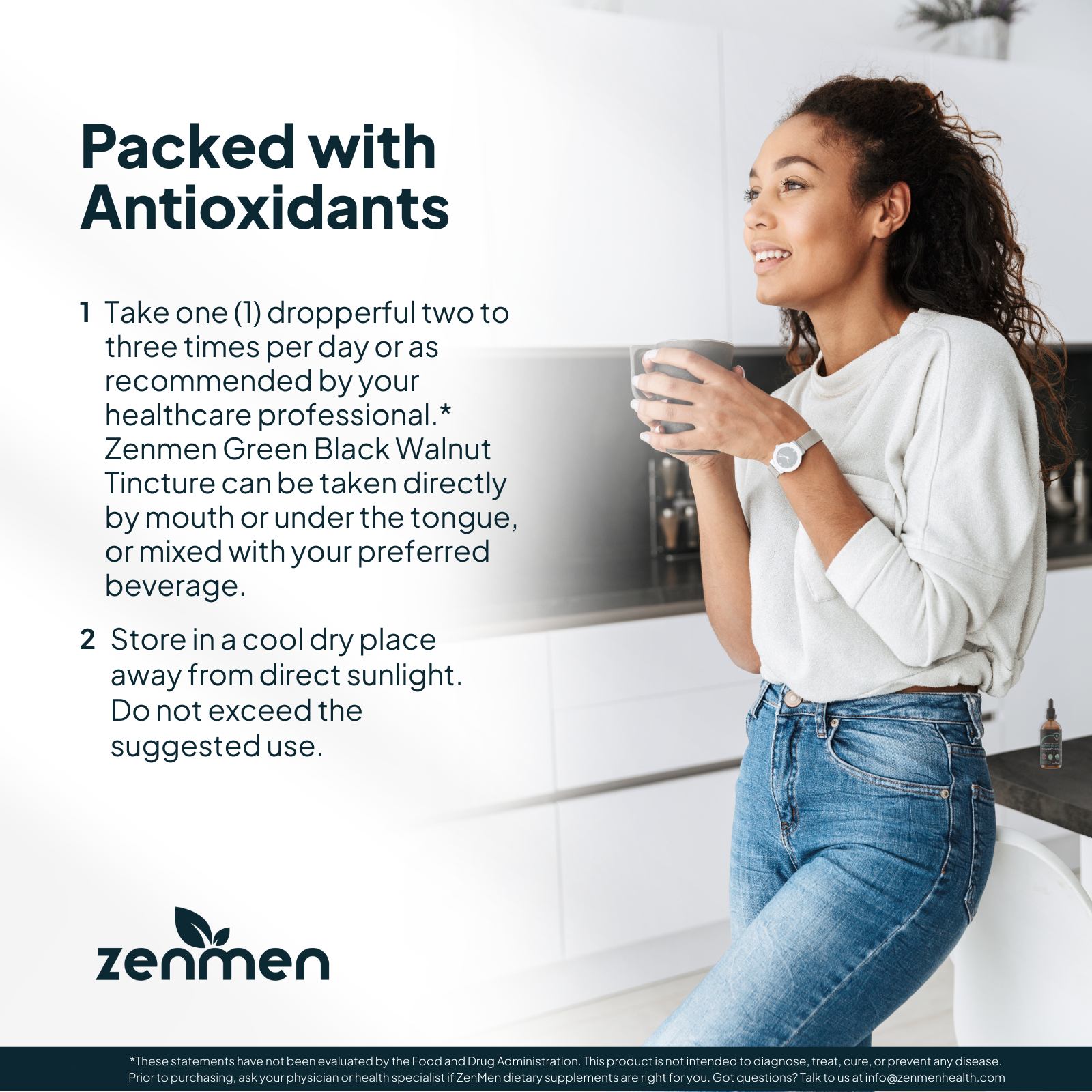 Woman holding a mug in a kitchen with text about Zenmen Green Black Walnut Tincture.
