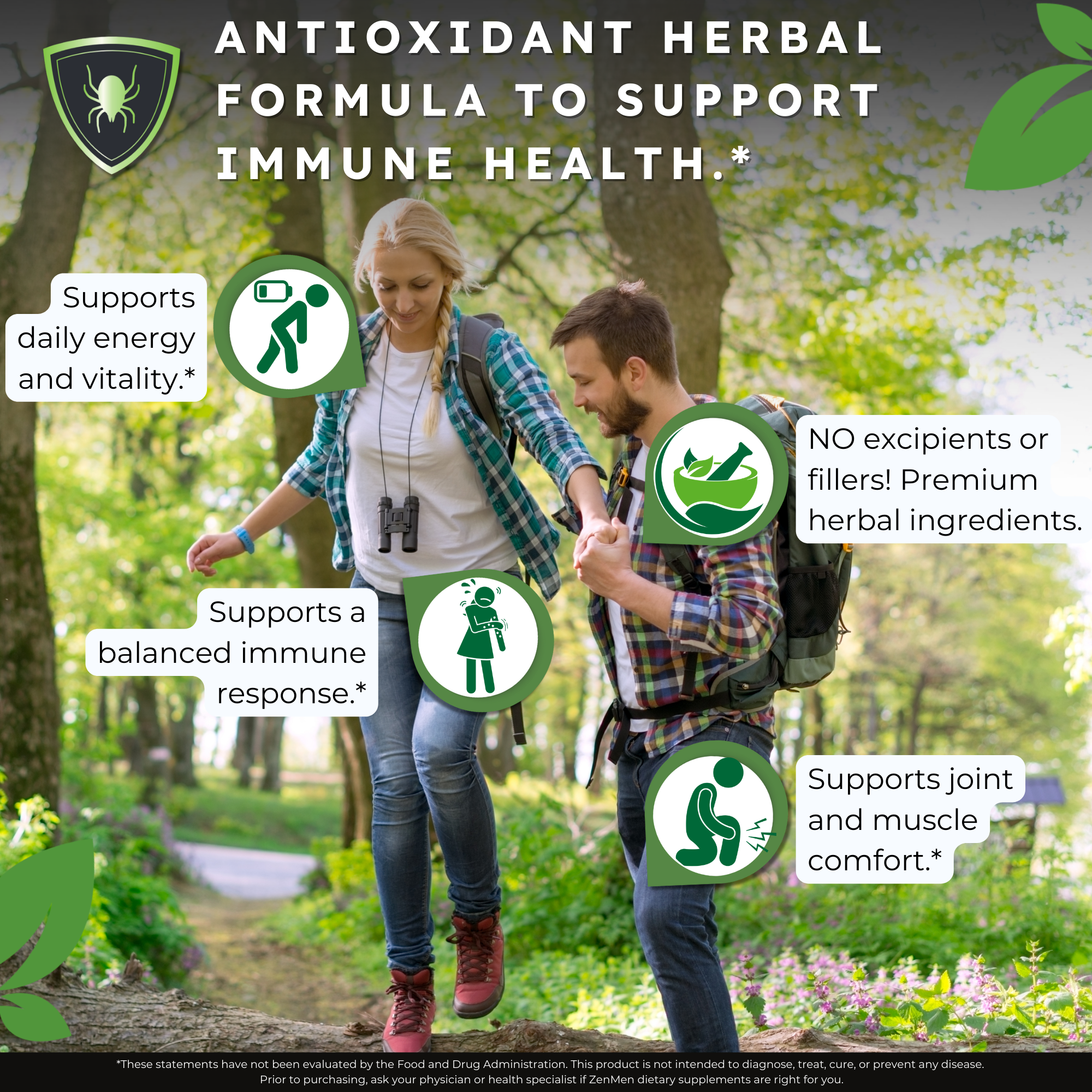 Two people hiking in a forest with text about tick bite protection and product benefits.