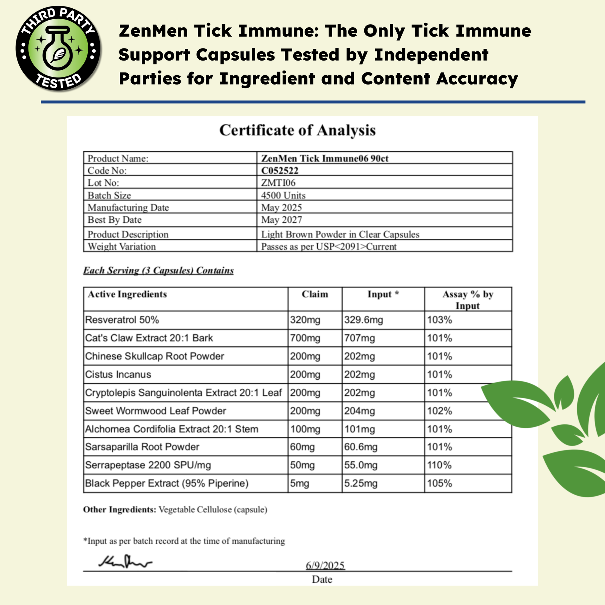 Certificate of Analysis for ZenMen Tick Immune capsules with product details and ingredient list.