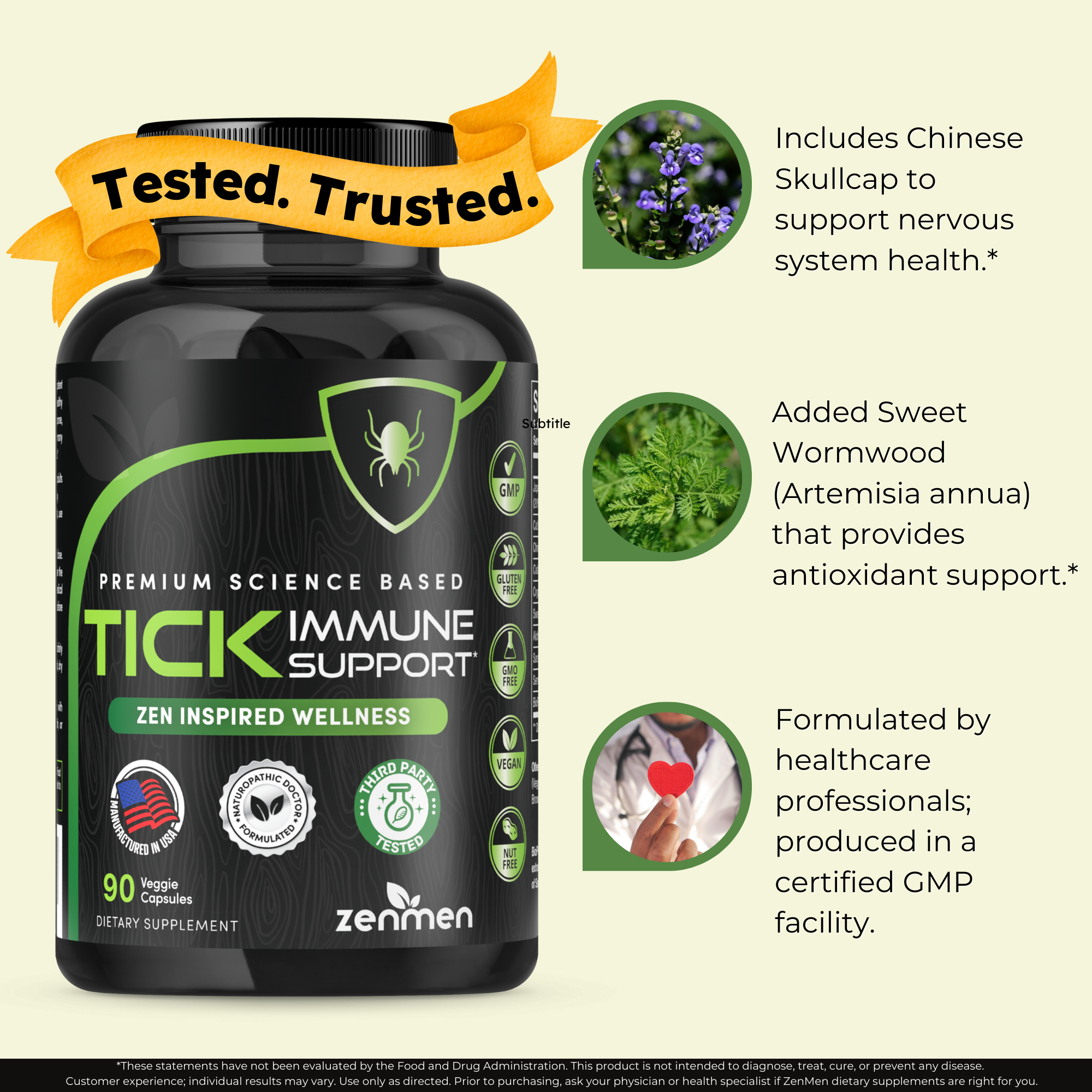 Supplement bottle labeled 'Tick Immune Support' with green and black design, featuring health benefits and branding elements.