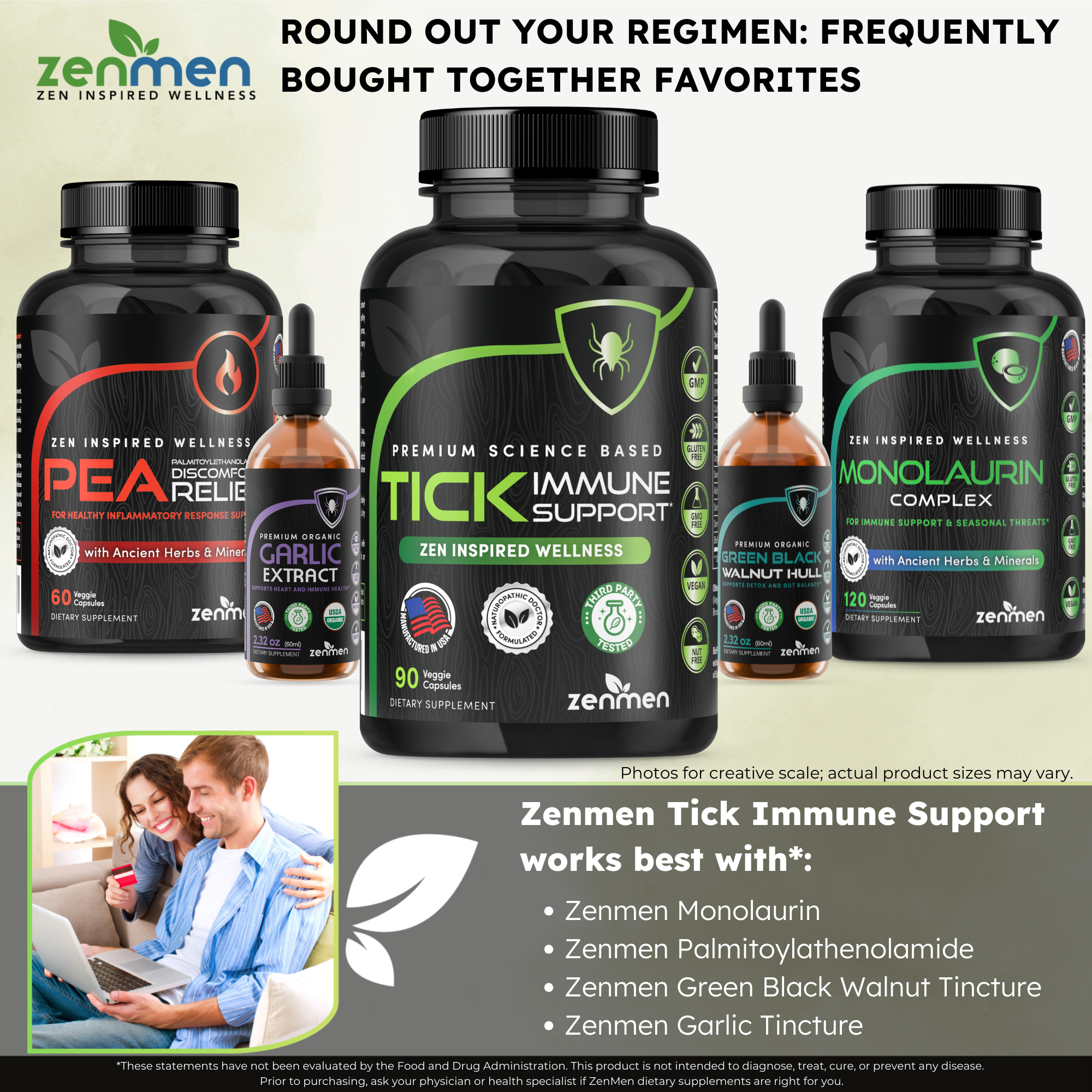 Advertisement for Zenmen wellness products including bottles and a couple using a laptop.