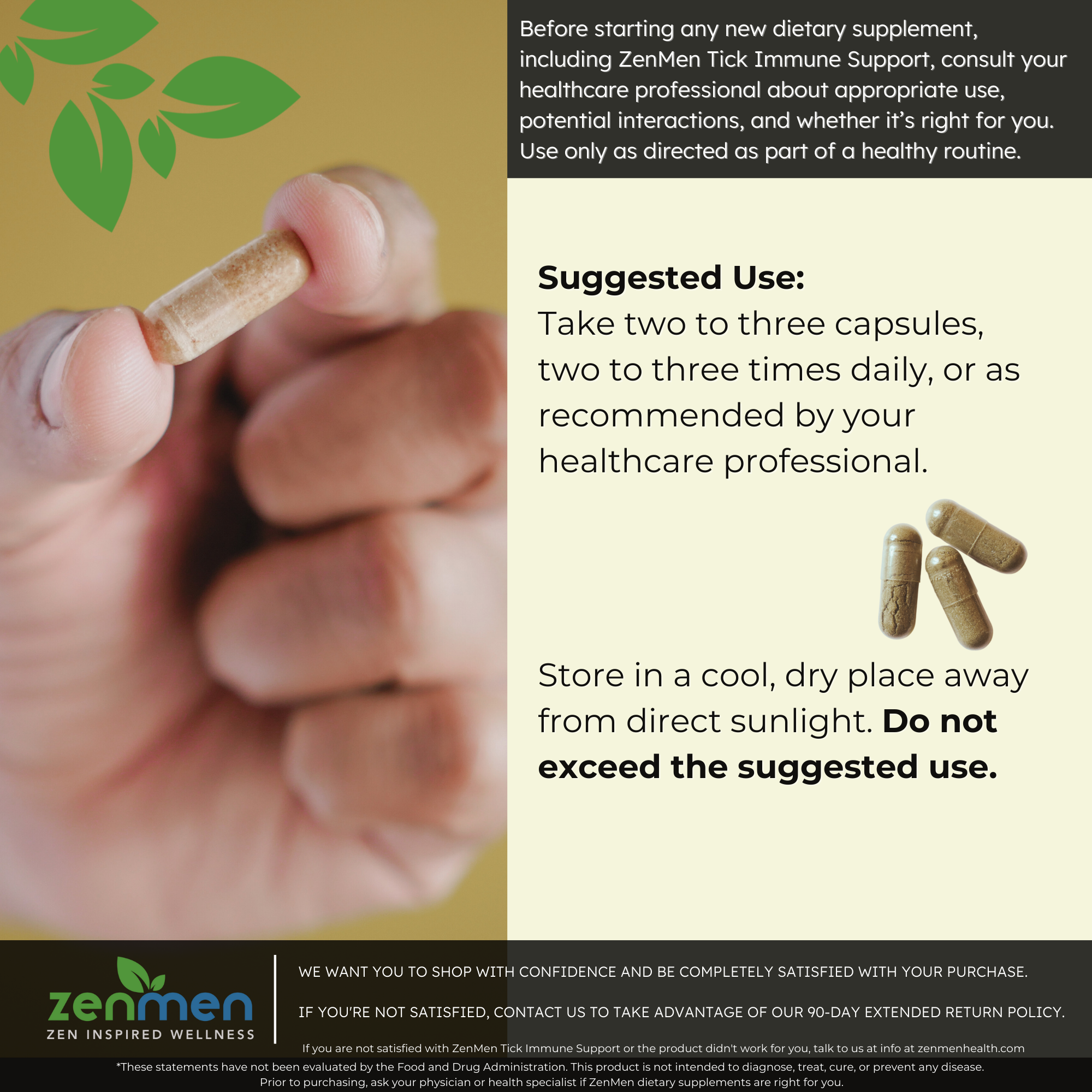 Hand holding a supplement capsule with text about serving recommendation and storage instructions on a yellow background.