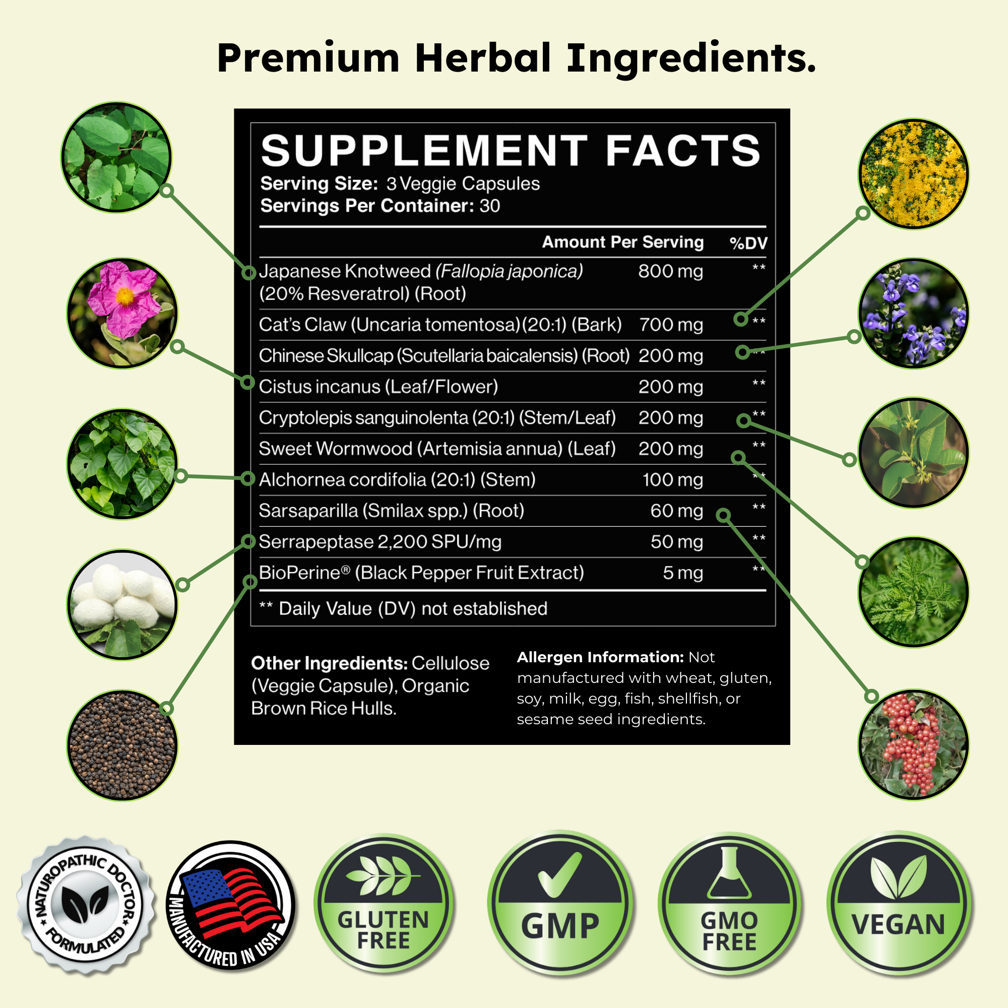 Supplement facts label with premium herbal ingredients and certification logos on a beige background