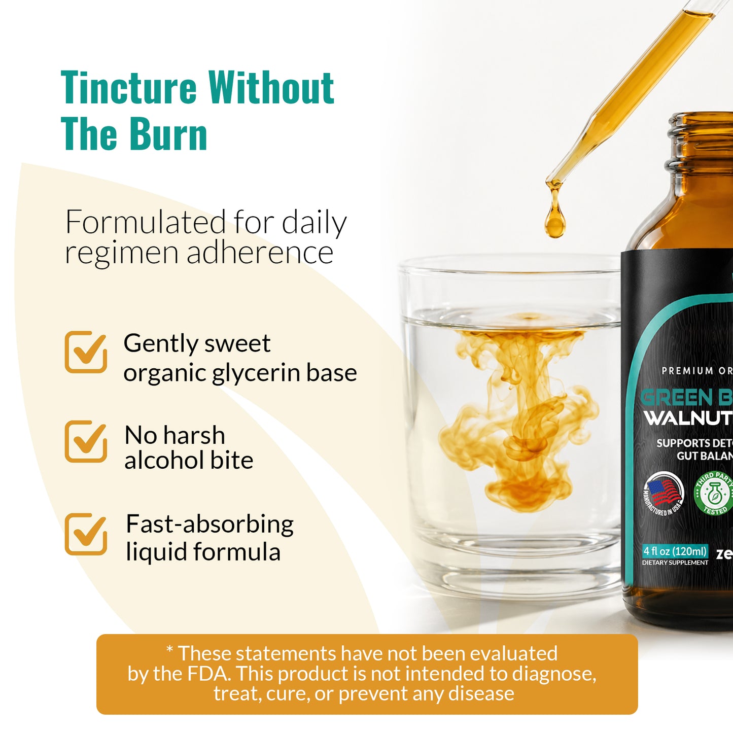 A bottle of Zenmen Green Black Walnut tincture alongside a glass of clear liquid with an amber dropper dripping into it, on a white background with promotional text.