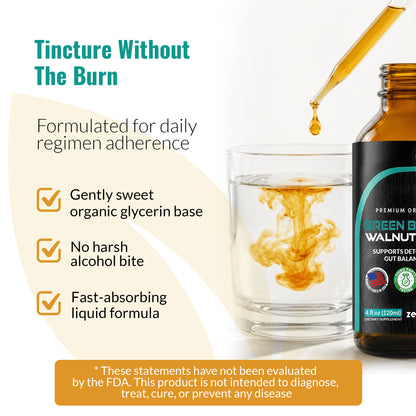 A bottle of Zenmen Green Black Walnut tincture alongside a glass of clear liquid with an amber dropper dripping into it, on a white background with promotional text.
