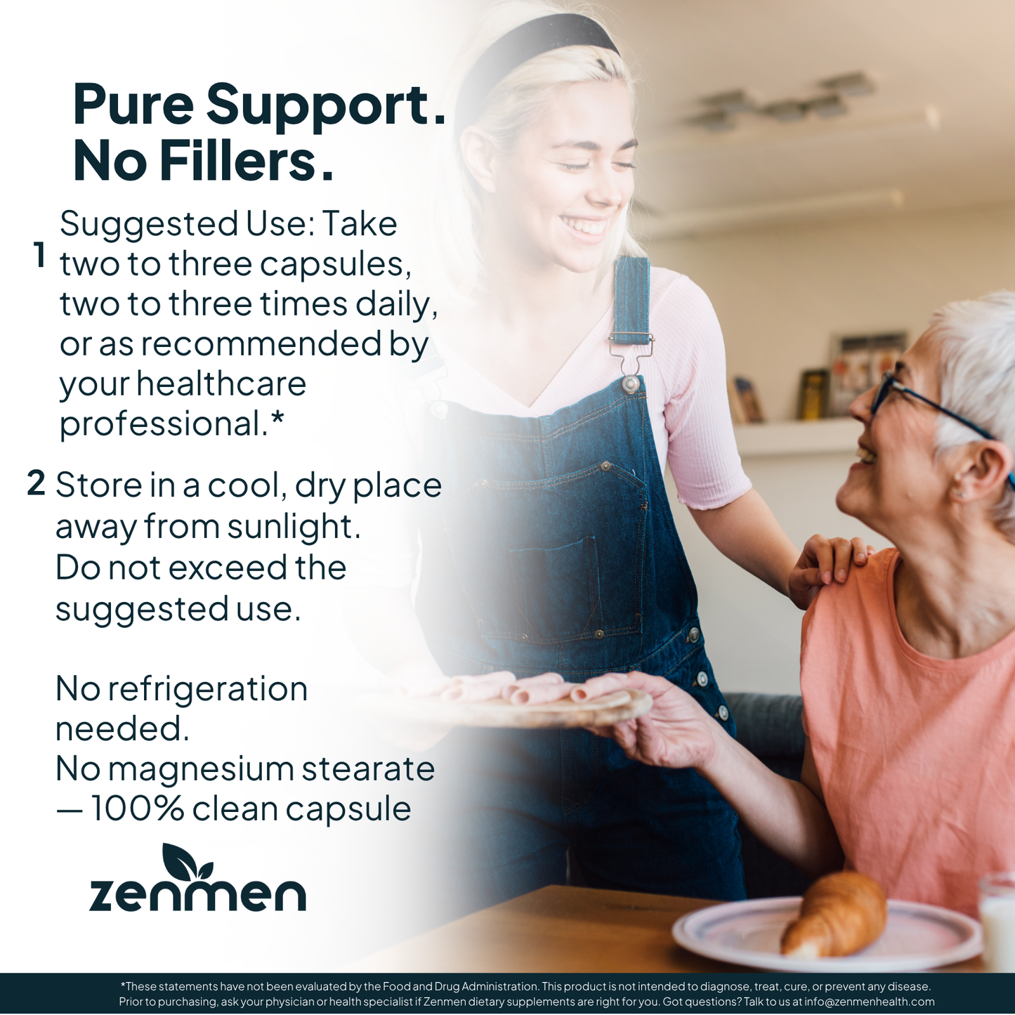 Suggested use and dosage instructions for ZenMen Tick Immune Support capsules featuring a clean label formula with no magnesium stearate, no fillers, and no refrigeration required for systemic wellness.