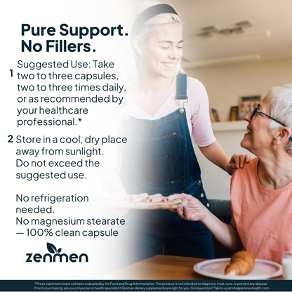 Suggested use and dosage instructions for ZenMen Tick Immune Support capsules featuring a clean label formula with no magnesium stearate, no fillers, and no refrigeration required for systemic wellness.