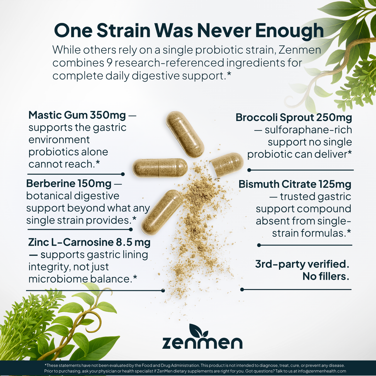 Mastic Gum 350mg and Berberine 150mg ingredient breakdown for targeted gastric environment support.