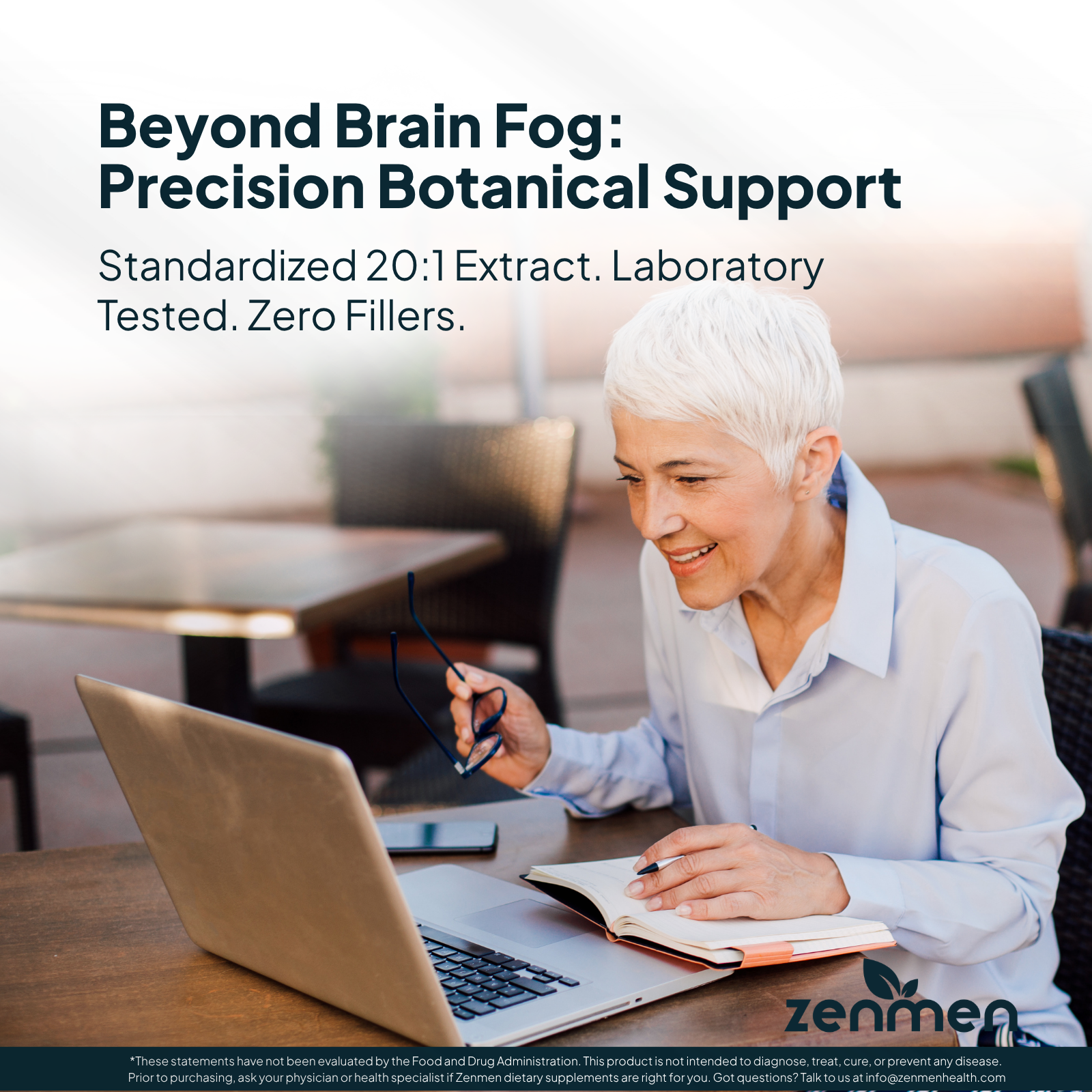 Precision botanical support for brain fog relief featuring standardized 20:1 botanical extract and laboratory-tested ingredients for cognitive clarity and mental focus during work.