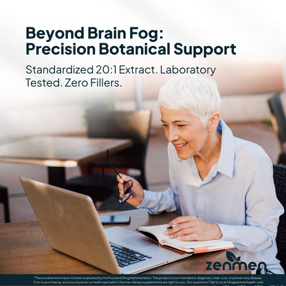 Precision botanical support for brain fog relief featuring standardized 20:1 botanical extract and laboratory-tested ingredients for cognitive clarity and mental focus during work.