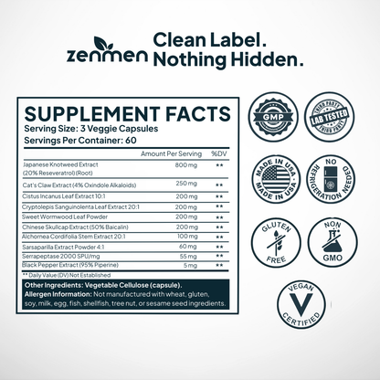 Supplement Facts for Zenmen Tick Immune Support including 800mg Japanese Knotweed, Cat's Claw, Serrapeptase, and Chinese Skullcap with GMP certified, non-GMO, and vegan icons.