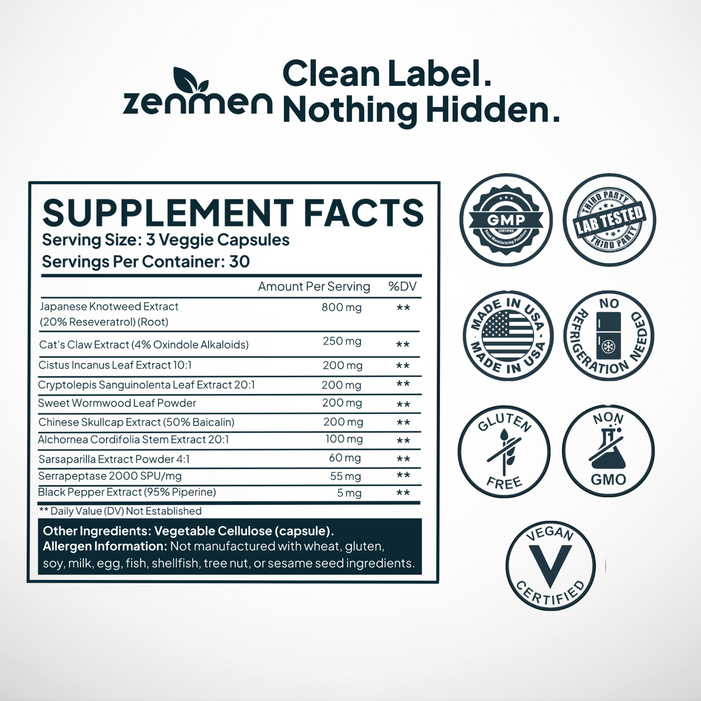 Supplement Facts for Zenmen Tick Immune Support including 800mg Japanese Knotweed, Cat's Claw, Serrapeptase, and Chinese Skullcap with GMP certified, non-GMO, and vegan icons.