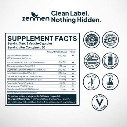 Supplement Facts for Zenmen Tick Immune Support including 800mg Japanese Knotweed, Cat's Claw, Serrapeptase, and Chinese Skullcap with GMP certified, non-GMO, and vegan icons.