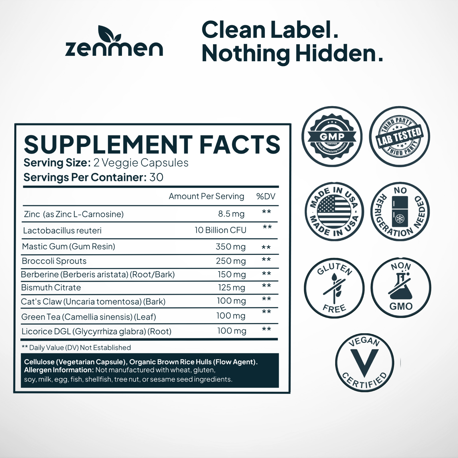 Supplement facts label for ZenMen H. pylori support including Broccoli Sprouts and Vegan Certified badges.