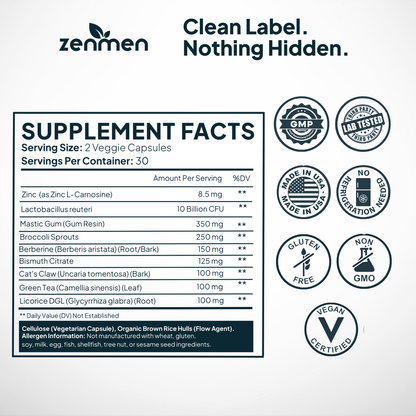 Supplement facts label for ZenMen H. pylori support including Broccoli Sprouts and Vegan Certified badges.