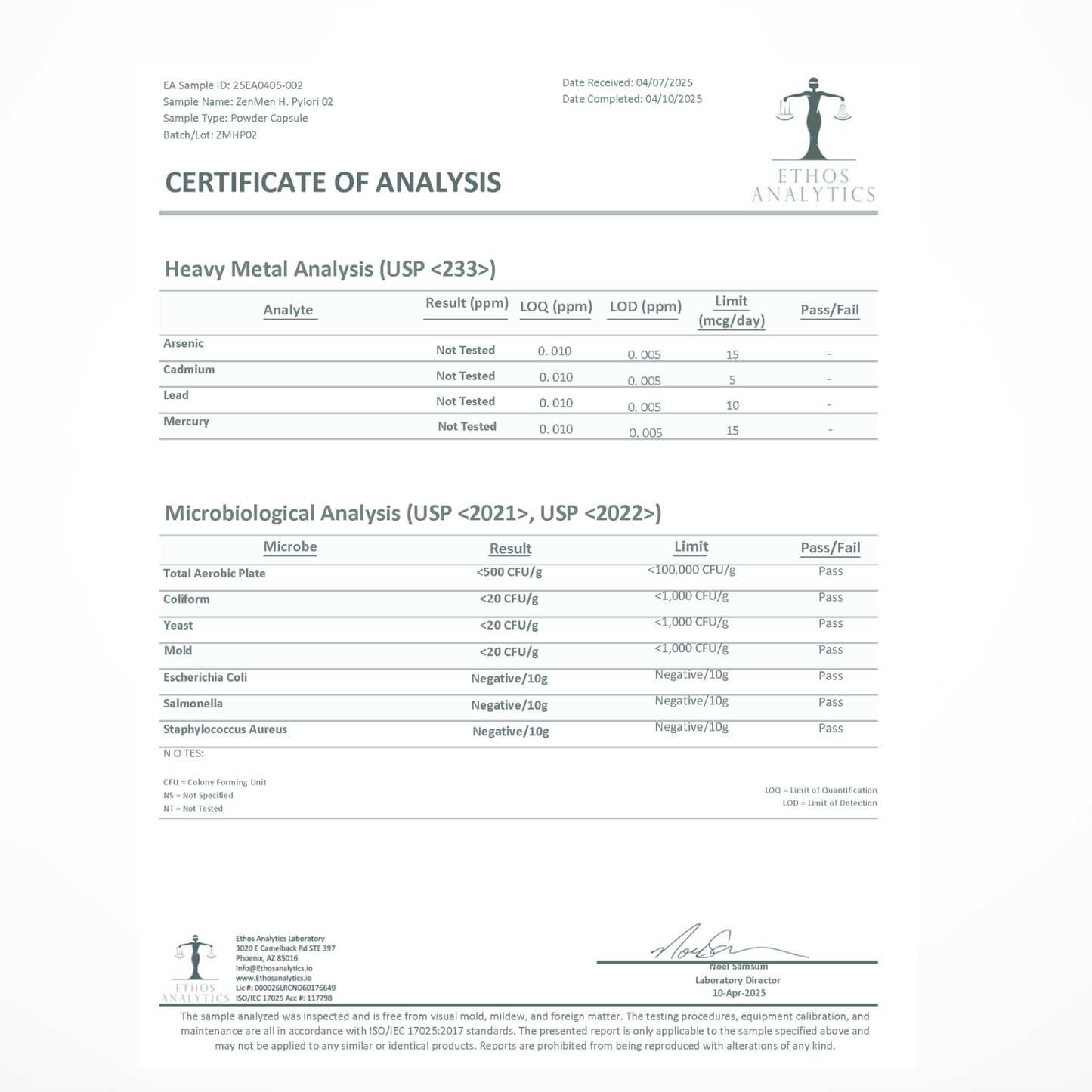 3rd-party lab verified Certificate of Analysis showing pass results for heavy metals and lead testing