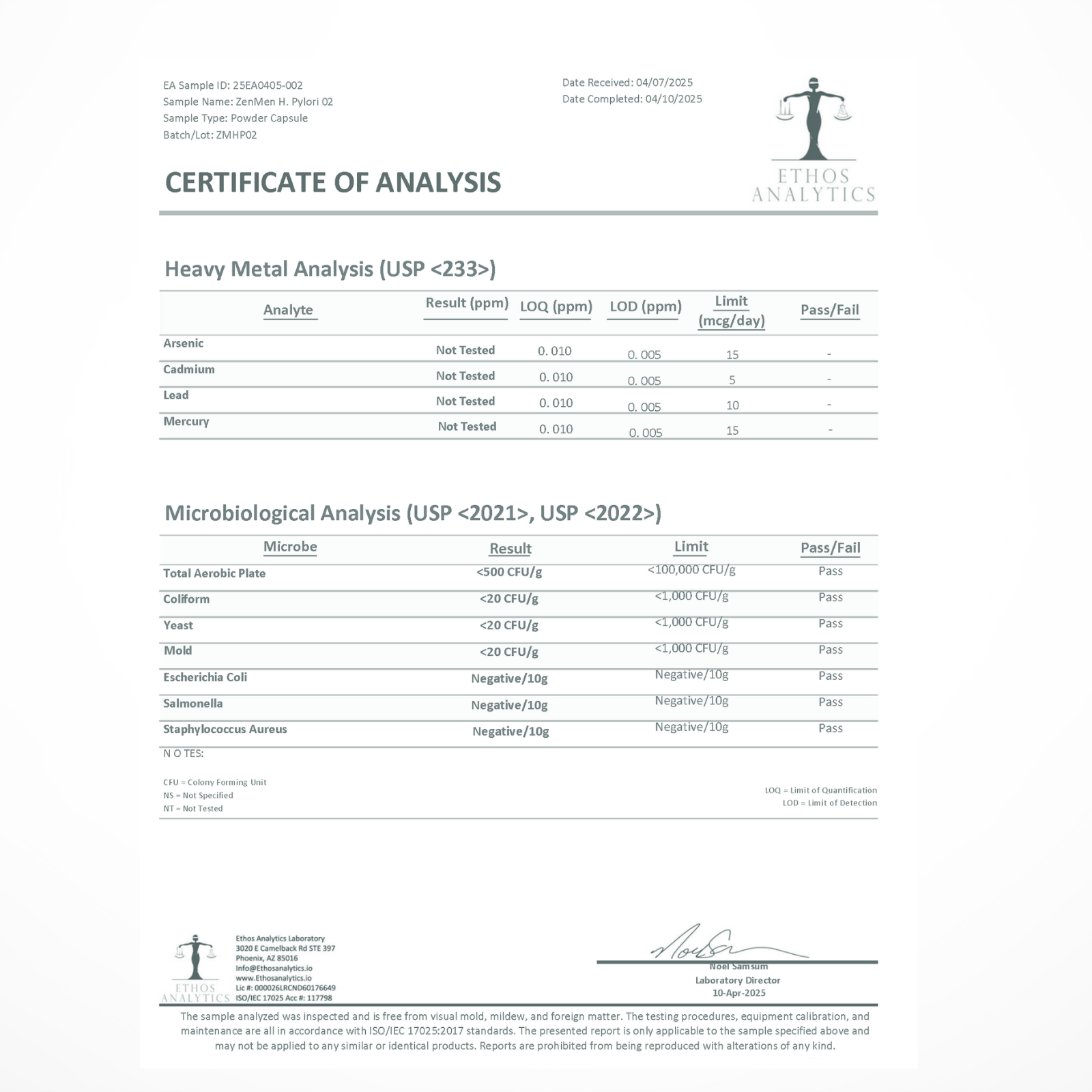 3rd-party lab verified Certificate of Analysis showing pass results for heavy metals and lead testing
