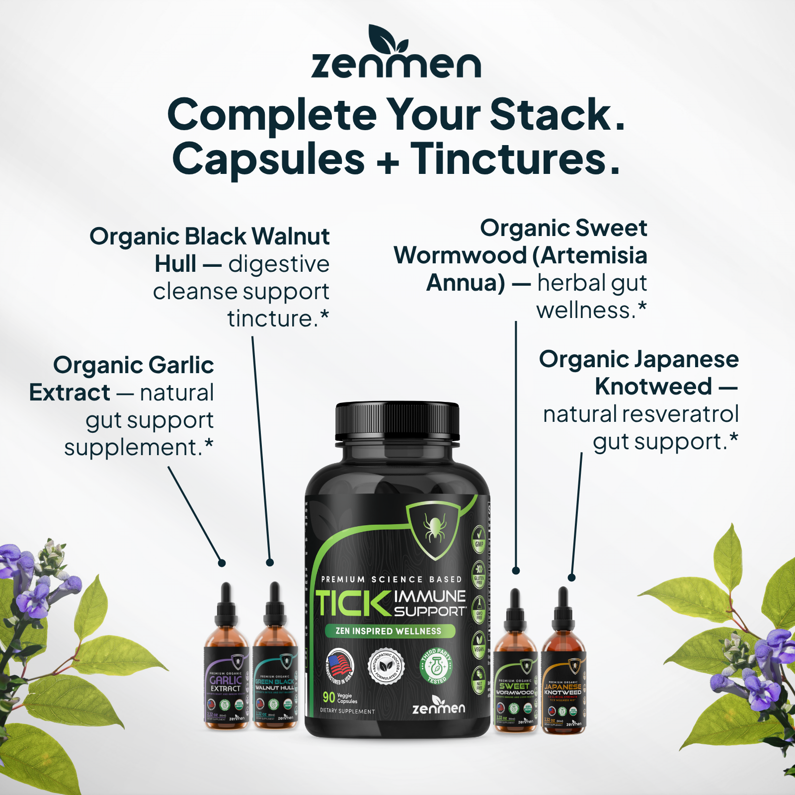 Complete tick immune support protocol showing capsules paired with organic tinctures including Black Walnut Hull for digestive cleanse, Garlic Extract for gut support, Sweet Wormwood, and Japanese Knotweed resveratrol for a total systemic wellness stack.