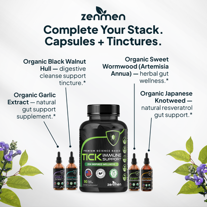 Complete tick immune support protocol showing capsules paired with organic tinctures including Black Walnut Hull for digestive cleanse, Garlic Extract for gut support, Sweet Wormwood, and Japanese Knotweed resveratrol for a total systemic wellness stack.