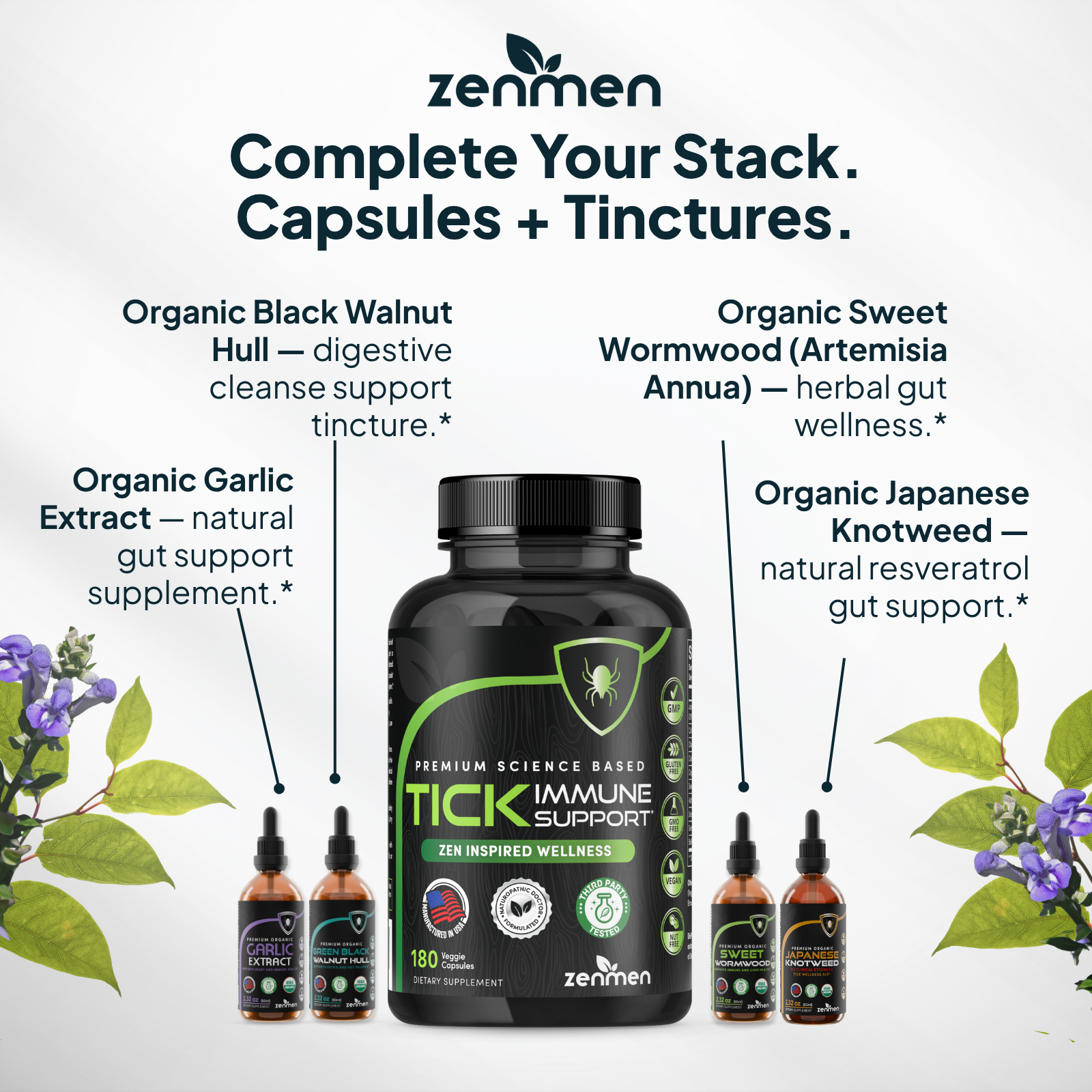 Bioavailable immune protocol stacking Zenmen Tick Immune Support capsules with organic garlic and black walnut tinctures.