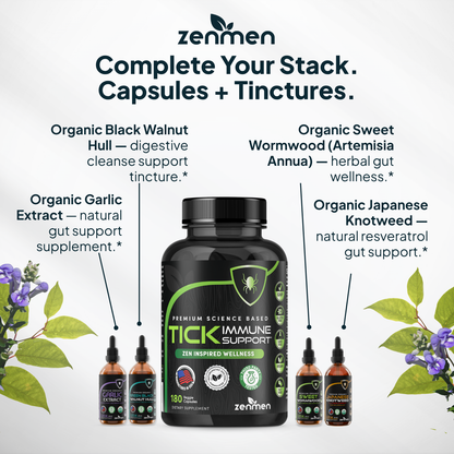 Bioavailable immune protocol stacking Zenmen Tick Immune Support capsules with organic garlic and black walnut tinctures.