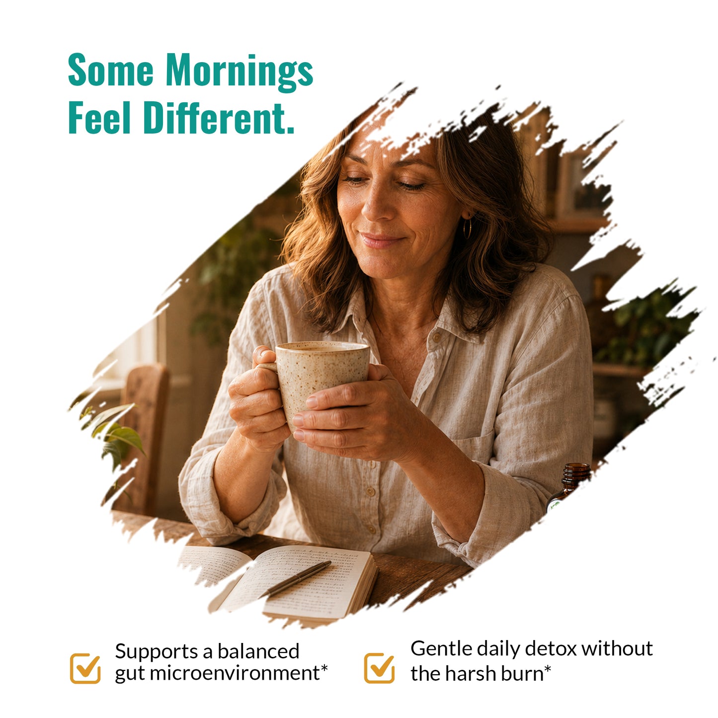 Zenmen Green Black Walnut tincture's promotional graphic with the text 'Some Mornings Feel Different.' above a woman holding a mug, with additional text at the bottom about gut microenvironment and gentle daily detox.