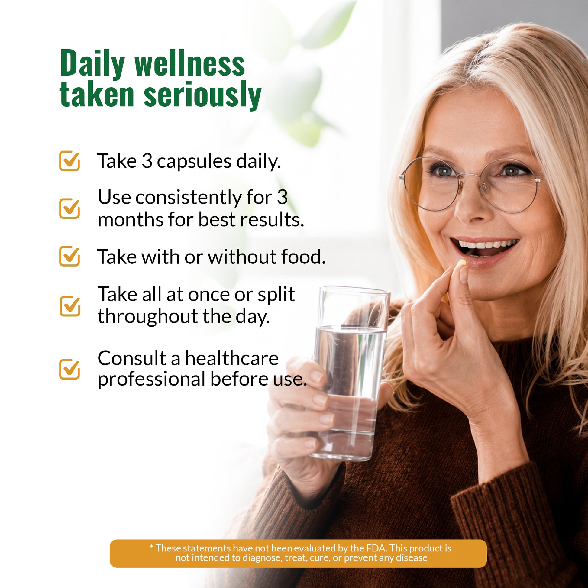 A smiling older woman with glasses holds a glass of water while taking a Zenmen Tick Immune Support capsule, with text on a white background reading 'Daily wellness taken seriously' and five checklist tips about daily capsule use, consistency, food flexibility, timing, and professional consultation.
