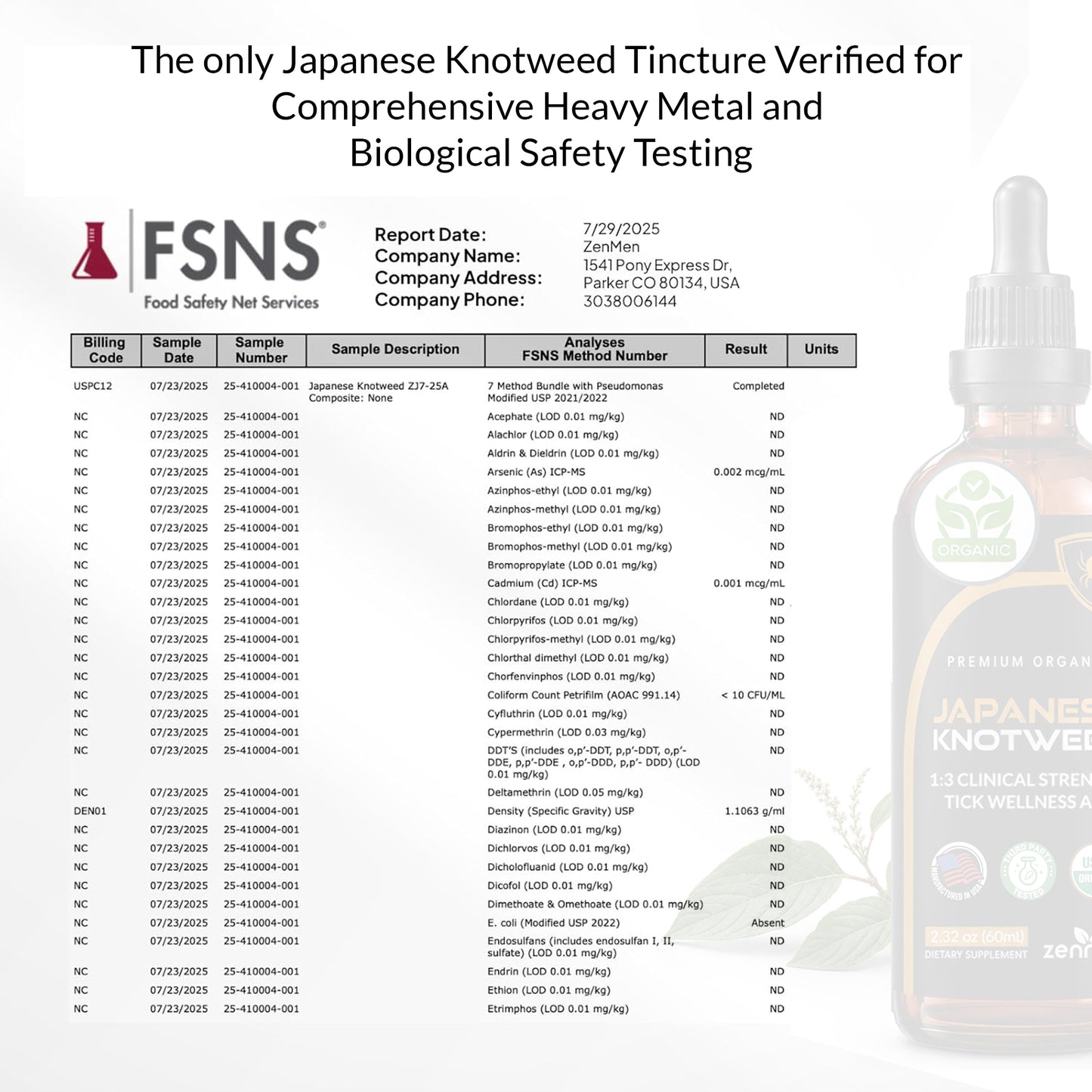 Zenmen guarantees purity. View our comprehensive, third-party FSNS lab reports verifying our Japanese Knotweed tincture is free of heavy metals and biologicals.
