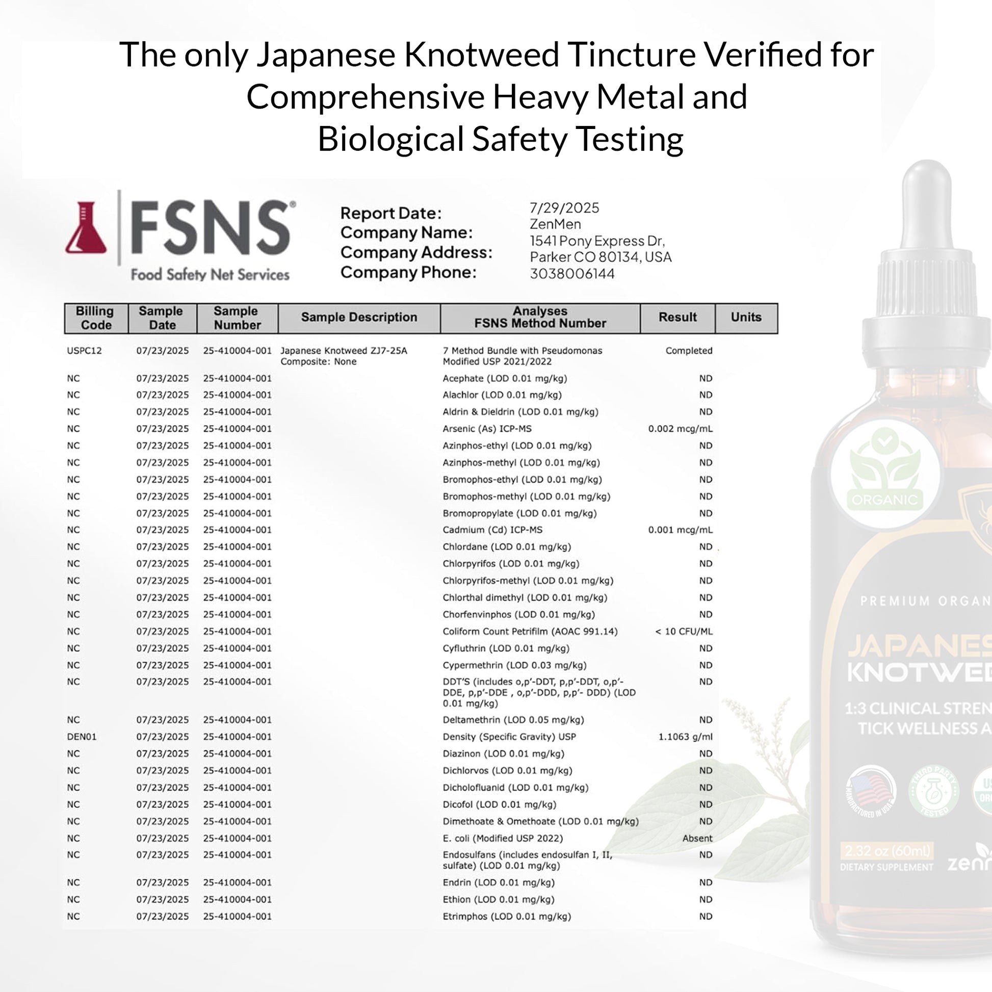 Zenmen guarantees purity. View our comprehensive, third-party FSNS lab reports verifying our Japanese Knotweed tincture is free of heavy metals and biologicals.